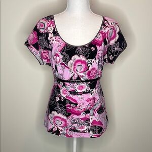 R Q T Floral Pink and Black Women's Top With Empire Waist. EUC. Y2K